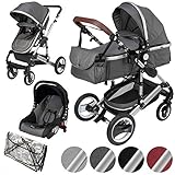 ib style® SOLE 3 in 1 Kombi Kinderwagen | inkl. Auto Babyschale | Zusammenklappbar | inkl. Regen- & Mückenschutz | 0-15kg |Grau/Gestell: Silb