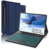 Jademall Schutzhülle für Galaxy Tab S7 FE/S7+/S7 Plus Tastatur, kabellose Bluetooth-Tastatur – PU-Ständer mit Stifthalter, automatische Schlaf-/Wachfunktion (Dunkelblau + Hintergrundbeleuchtung)