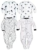 Sibinulo Jungen Mädchen Schlafstrampler mit rutschfest, 9-12 Monate Babykleidung Set 4er Pack Weiße Hunde, Sterne, Luftballons, Elefanten 80