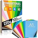 100 Blatt Buntpapier TONKARTON DIN A5 – 220 g Set 20 Farben – Bastelpapier Dick, Farbige Blätter – Pappe für Kinder, DIY Bogen, Cardstock Zubehör - Fotoalben Geschenke, Kreativ Bedarf, MADE IN GERMANY