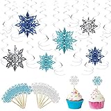 TAROME 24 Stk 3D Schneeflocken Spiralen Blau Weihnachten Schneeflockendeko Eiskönigin Girlande mit 20 Pcs Schneeflocken Kuchen Topper Kuchenaufsätze Deko für Kinder Winter Mottyparty