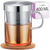 Cosumy Teetasse mit Sieb und Deckel - inkl. Untersetzer - Borosilikat Glas - Tasse 400ml Groß