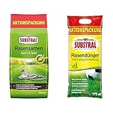 Substral Rasensamen Sport und Spiel, strapazierfähige Rasensaat-Mischung, 5kg , 250m² & Rasendünger, mit Langzeitwirkung, 100 Tage Langzeitdüngung, mit umhüllten Langzeitstickstoff, 7,5 kg für 375 m²