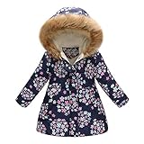 catmoew Mädchen Kleidung (3J-7J) Kind Herbst und Winter Lange Daunenjacke Blumig Blume Kapuzenjacke Plüsch Verdicken Langer Abschnitt Warme Baumwollkleidung Winddichte Jacke (2-3 Jahre, Marine)