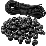 50 Stücke Kunststoff Kordel Schlösser Einlochige Feder Knopf Stopper Tasten Verschluss Schieber Schwarz Runde, Elastische Kordelzug Seil Schlösser mit 30 Fuß Elastischem Bungee Nylon Stoß