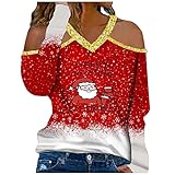 KEXIMIXUE Frauen Beiläufig Sweatshirt V-Ausschnitt Lange Ärmel Schulterfrei Weihnachten Elch Drucken Lose Oberteil Bluse Rot X-Larg