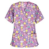 Graceyo Damen Kurzarm V-Neck Arbeitsuniform Pflege Kasack Weihnachten Bunt Motiv Krankenhaus Schlupfhemd Bluse Nurse Schlupfkasack Atmungsaktiv Arzt Uniform Berufsbekleidung Krankenschwester Kleidung