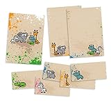 Set Briefpapier für Kinder | Safari-Tiere | Schreibblock DIN A4 mit 24 Blatt + 15 Briefumschläge DIN lang + hochwertige Mapp
