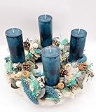 Adventskranz, Handmade, modern, groß, Trockenblumen, Petrol, blau, weiß, beige Haltbar, Eukalyp