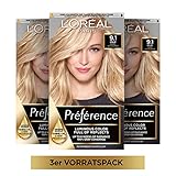 L'Oréal Paris Permanente Haarfarbe, Haarfärbeset mit Coloration und Farbglanz-Pflegebalsam, Préférence, 9.1 Sehr Helles Aschblond (Oslo), 3er S