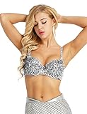 ranrann Damen Glänzend BH mit Gliter Bauchfrei Tops Crop Top Frauen Pailletten BH Bra Bustier Große Größen Party Kleidung Clubwear Nachtclub in 6 Farben Silber 40A, 40B, 40C