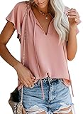 Dokotoo Damen Bluse Sommer Kurzarm Oberteile Elegant Chiffon Tunika V-Ausschnitt Einfarbig Blusenshirt Shirts Tops, rosa, S