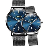 Allskid Paar Uhren Minimalistisch Wählen Mit Kalender Rostfreier Stahl Uhrenarmband Quarz Damen Herren Valentinstag Armbanduhr (Paar, Blau)