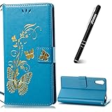 Sony Xperia XZ Hülle,Sony Xperia XZ Handyhülle,Slynmax Handyhülle Leder Wallet Tasche Flip Schutzhülle Blumen Schmetterling Silikon Case Ledertasche Brieftasche Slim Blau Filp Case für Sony Xperia XZ