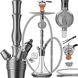 DILAW® Tornado Shisha Set Hookah Aluminium Alu 67cm + LED Licht | Wasserpfeife Kaminkopf Komplettset Molassefänger Closed Chamber 3 Anschlüssen Silikonschlauch Mundstück Tabakkopf Edelstahl G