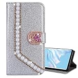 Nadoli Leder Hülle für Galaxy A51,Luxus Bling Glitzer Diamant 3D Handyhülle im Brieftasche-Stil Perle Herz Flip Schutzhülle Etui für Samsung Galaxy A51,Silb