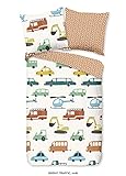 Aminata Kids Biber-Bettwäsche Autos Auto-Motiv 135x200 cm + 80x80 cm, Baumwolle, Reißverschluss, Kinderbettwäsche mit Bagger-Motiv, warm, weich & kuschelig, B