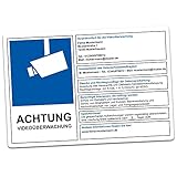 Achtung Videoüberwachung DSGVO BDSG Datenschutz Info Blau Video Überwachung Aufkleber Hinweis Schild Diebstahl R069 (Bereits ausgefüllt, 30x20 cm)
