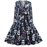 Neoucdy Clearance Halloween Kleid Frauen V-Ausschnitt Schädel Abend Party Prom Cocktail Swing Kleid Vintage Elegant A-Linie Kleid, Fotofarbe, S