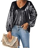 Style Dome Bluse Damen Party Glitzer V-Ausschnitt Langarmshirt Laternen Ärmel Longshirt Oberteile Schwarz L