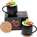 CRAFTED COPPER Moscow Mule Kupfertassen – 100% rein 473 ml, handgefertigt, Set mit 2 Tassen mit Untersetzer für Bier, Wein, Cocktail, schwarz antik, lebensmittelecht, Kupfer Geschenk-S