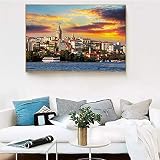 Panoramabild auf Leinwand,Istanbul Seascape City Buildings Druck auf Leinwand,Leinwand Wand Kunst Bilder,Wandkunst Dekoration für Zuhause 80x120cm(32x48in) R