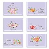 WKqifeil 6-teiliges Set Lila Elegante handbemalte Blumenserie Geburtstagskarte Blumenladen Backshop Nachricht Karte mit Umschlag und zufälligem Siegelaufkleb