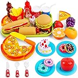 Hanmulee Spielzeug-Essen, 28-teiliges Schneide-Spielzeug mit Pizza, Hamburger, Kuchen und Früchten, Küchenspiel-Set, Lernspielzeug für Kinder und Kleink