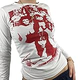 L&ieserram Damen Gesicht Portrait Langarm T-Shirt Top Y2K Abstrakter Grafik Print Crop Top Blusen Sommer T-Shirt Ästhetische Teen E-Girls Streetwear (AB White, Small)