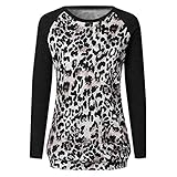 XIANO Damen Oberteil Rundhals Langarmshirts Elegante Pullover Leoparden Splice Bluse Tunika Tops Lose Farbblock Tuniken Langarm T Shirts Lässige Bequeme Damen Langarm T-Shirt mit Leop