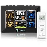 TSYMO Wetterstation Funk mit Außensensor - Thermometer Innen/Ausen mit Farbdisplay, Digital DCF-Funkuhr, Hygrometer mit Wettervorhersage, Weck