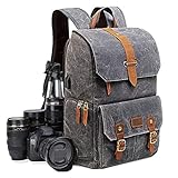 UBAYMAX Kamerarucksack Kameratasche, Wasserdicht Canvas Leinenstoff und Echt-Leder DSLR Rucksack, 15,6 Zoll Laptop Rucksack, Fotorucksack für Kamera Zubehör und Outdoor Sport Reise (Dunkelgrau)