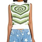 Damen Tie Dye Strick Crop Tank Top Y2k Gerippte Strickweste Herz Spiral Print Vintage Schlank Ärmellos Strick Top Ästhetische Pullover Weste Streetwear (Grün, M)