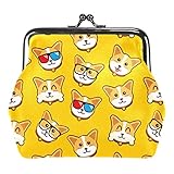Gelbe Hunde Corgi Emoticons Münzgeldbörse aus veganem Leder mit Aufdruck für Frauen und M
