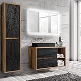 Lomadox Badmöbel-Komplett-Set Eiche mit Beton dunkel, 100 cm Waschtisch-Unterschrank, 61 cm Keramik-Waschbecken, Bad-Spiegel mit LED-Beleuchtung, Hochschrank, B/H/T 160/200/46