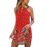 Yowablo Mini Sommerkleid Frauen Casual Sommer Blumendruck Tank Ärmelloses Kleid Aushöhlen O Hals Lose Strand Kurz (S,1rot)