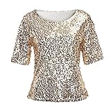 Calvinbi Damen Pailletten Top Shimmer Glitter Lose Kurzarm 3/4 Arm Party Club Tunika Oberteil Glam Pailletten verziert Sparkle 1920s Downton Sequin Hemd Große Größ