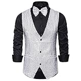 RTGSE Herren Pailletten Anzug Weste Weste Slim Fit Einreihig V-Ausschnitt Sparkly 2Pcs Bowtie Weste Weste für die Bühne (Silber, XX-Large)