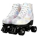 Milky Way Damen-Rollschuhe aus PU-Leder, hochgeschnitten, Graffiti, zweireihig, für Anfänger, drinnen und draußen, mit Schuhtasche (weiß mit schwarzem Rad, 39)