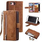 UEEBAI Hülle für iPhone SE 2020 iPhone 7 iPhone 8, Vintage Reißverschluss Handyhülle PU Leder Handytasche Silikon Bumper mit 9 Kartenfächer Geldbörse Trageband Schutzhülle Flip Wallet Case - B