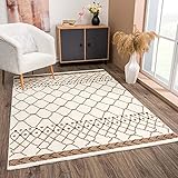 carpet city Teppich Boho Wohnzimmer Creme Braun - 80x150 cm - Geo-Muster Ethno-Stil - Boho-Teppiche Schlafzimmer - Microfaser Polyester Hochflor W