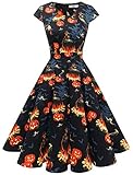 Homrain Halloween Rockabilly Kleid 1950er Vintage Retro Cocktailkleider Rockabilly Abendkleider V-Ausschnitt Faltenrock Schwingen Partykleider Ghost XL