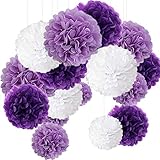 15er Set Pompoms Deko Bunt Seidenpapier Pompons für Hochzeit, Geburtstag, Party Violett Weiß