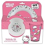 P:os 33639 - Frühstücksset mit beliebtem Hello Kitty Motiv, 3-teiliges Geschirrset für Kinder bestehend aus Teller, Schale und Becher, aus PP, bpa- und phthalatfrei, mikrowellengeeig