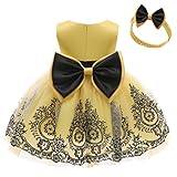 FYMNSI Baby Mädchen Geburtstag Partykleid Taufkleid Kleinkinder Schleife Blumen Spitze Tüllkleid Tütü Prinzessin Hochzeit Brautjungfer Festkleider mit Stirnband Set Babybekleidung Gelb 1-2 J