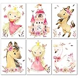 LALELU-Prints | A4 Bilder Kinderzimmer Poster | Kleine Prinzessin mit Pferd, Schloss und Schwan rosa | Babyzimmer Deko Mädchen | 6er Set Kinderbilder (DIN A4 ohne Rahmen)