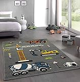 CARPETIA Kinderteppich Kinderzimmerteppich Baustelle Bagger grau gelb rot orange Größe 160x230