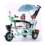 TQJ Kinderwagen 3 in 1 Kinderwagen Twin Tricycle, Zweisitzer Outdoor-Trike Push-Pedal-Auto, High Carbon Stahl Twin Kinderwagen Mit Sonnenschirm/Eltern Schiebegriff/Vorne Hinten Speicherkorb/W