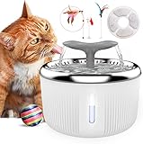 PewinGo Katzen Trinkbrunnen Edelstahl, Trinkbrunnen für Hunde Haustier Katzenbrunne rutschfest Automatisch Katze Wasserspender mit LED Nachtlicht, 4 Spielzeug and 1 Aktivkohlefilter - 2L