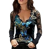 BIBOKAOKE Oberteile Damen Elegant Sexy Spitze Patchwork Oberteile Elegant Blusen für Frauen Langarmshirt V-Ausschnitt Top Printed T-Shirts Lace Oberteile Slim Fit Spitzenbluse Basic T